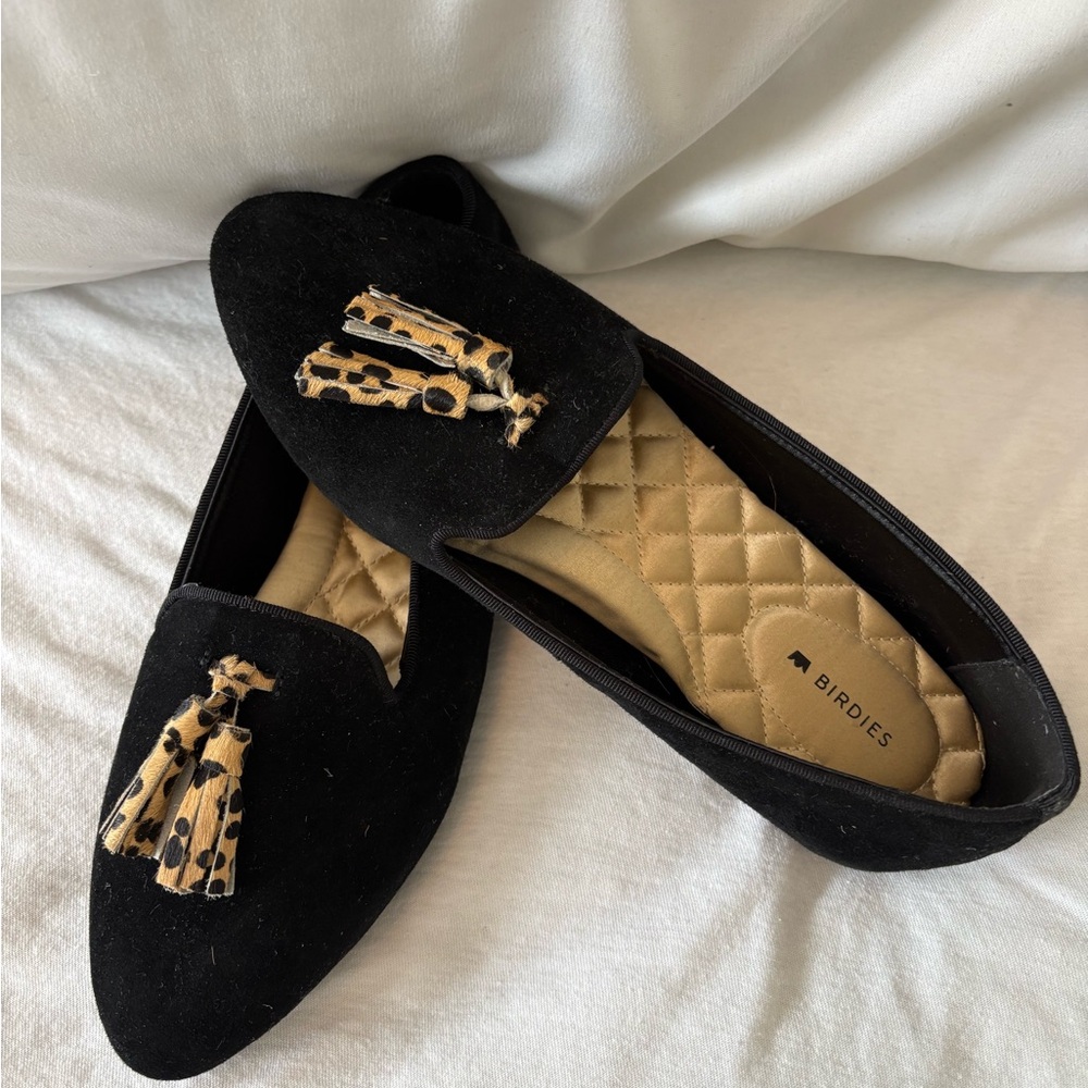 Birdies Black Loafers with Animal Print Tassels NWOT